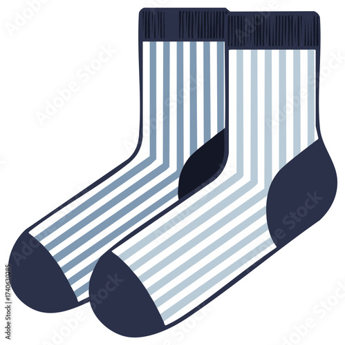 Pair of striped blue and white socks with dark blue accents on a white background