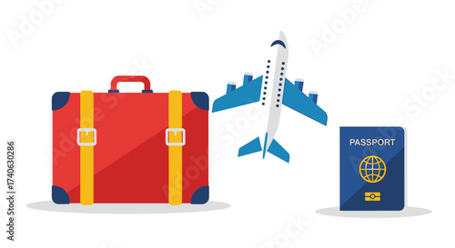luggage travel with location around the world. travel and tourism concept. airplane fly on map with pin. passport, ticket tourism journey holiday. Road trip vacation. vector illustration flat style.