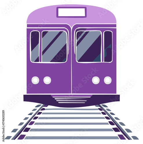 Vibrant Purple Subway Car Graphic on Railroad Tracks for Public Transportation Illustration