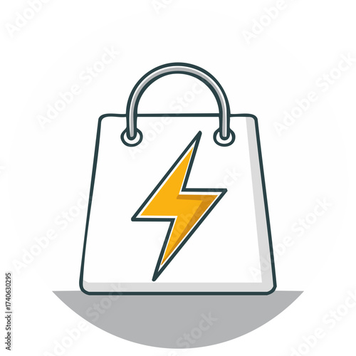 Shopping bag with lightning bolt icon, symbol of energy and fast delivery, online retail concept