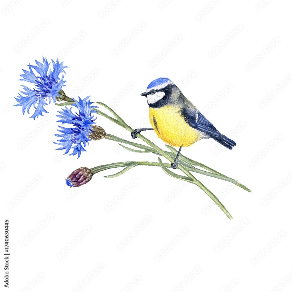 Obraz premium watercolor drawing blue cornflower and bird, bouquet of flowers and sitting blue tit isolated at white background, wild flowering plants, hand drawn illustration