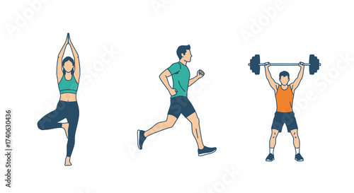 People doing sport. Workout characters, active male female sport exercise. Flat friends training, gym yoga jogging decent vector set