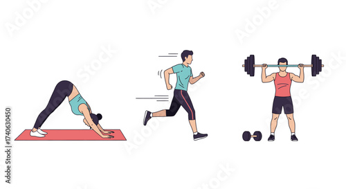 People doing sport. Workout characters, active male female sport exercise. Flat friends training, gym yoga jogging decent vector set