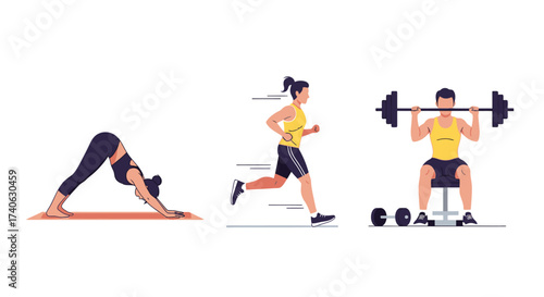 People doing sport. Workout characters, active male female sport exercise. Flat friends training, gym yoga jogging decent vector set