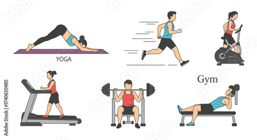 People doing sport. Workout characters, active male female sport exercise. Flat friends training, gym yoga jogging decent vector set