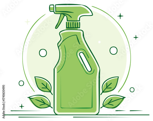 Eco-friendly spray bottle with leaves and a circular design element