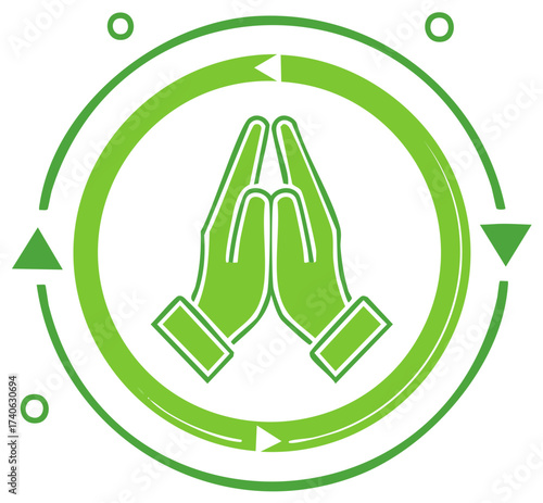 Praying hands in circular motion with triangles for arrows and small circles, concept for prayer cycle