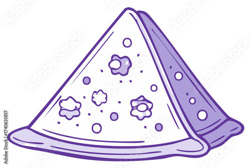 Stylized slice of pizza with purple toppings and crust