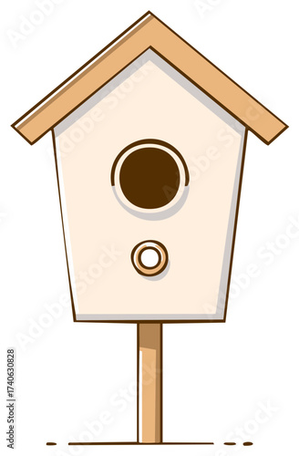 Charming minimalist wooden birdhouse illustration on a stand awaiting spring garden visitors