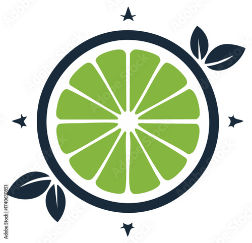 Fresh lime slice with mint leaves in a circular compass style emblem