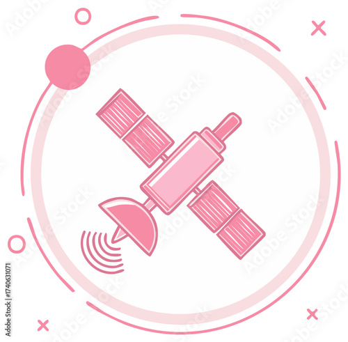 Pink orbital satellite transmitting signals in a modern circular design with abstract elements
