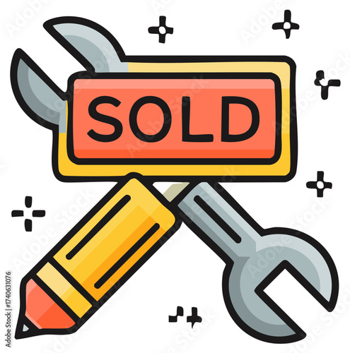 Sold sign with wrenches and a pencil vector illustration design