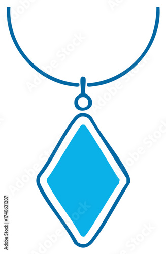 Hand drawn blue diamond shaped gemstone pendant hanging on a necklace. Simple jewelry icon.