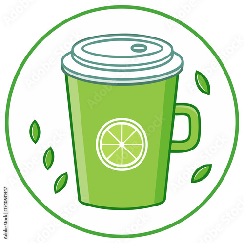 Lime Green Takeout Cup with Citrus Fruit Design and Leaves Illustration