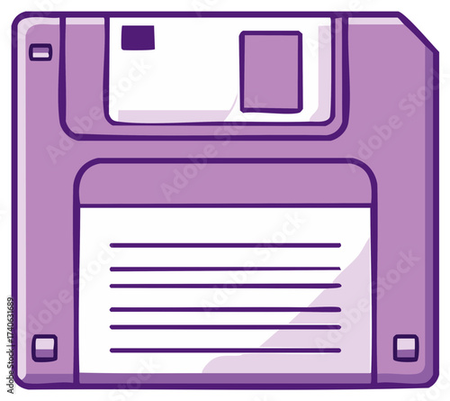 Cartoon illustration of a purple retro floppy disk for data storage