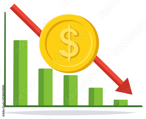 Financial graph showing decline with red arrow and dollar coin