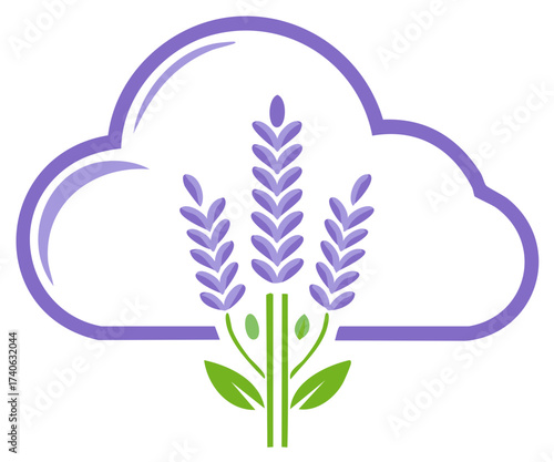 Minimalist Lavender Flower Stalks inside Purple Cloud Outline Vector Graphic