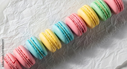 Pastel macarons diagonally aligned on textured paper