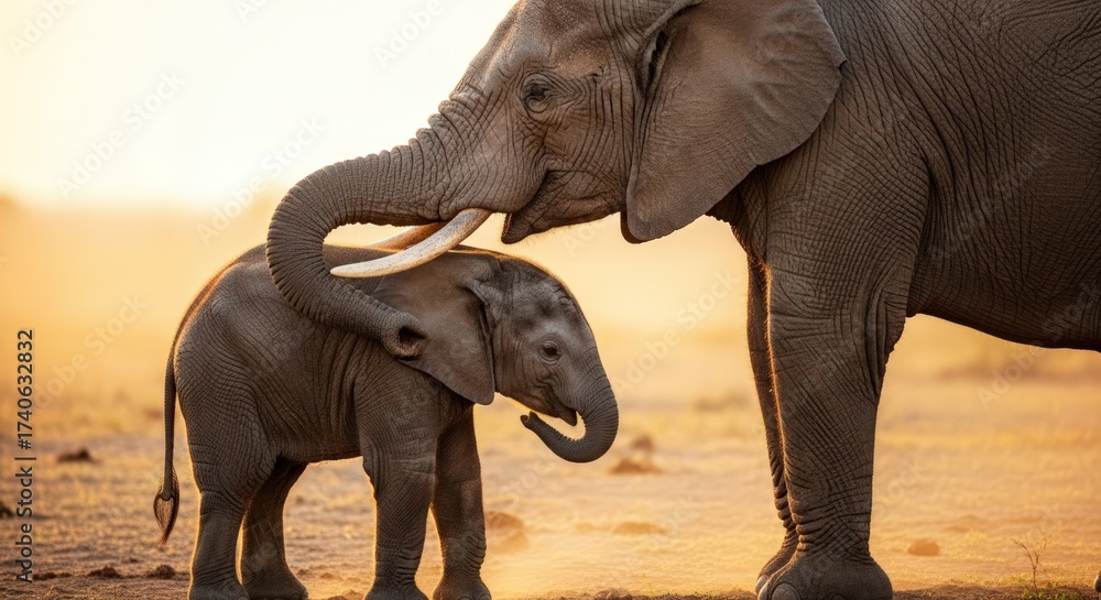 Fototapeta premium A large elephant gently touches trunks with a smaller elephant in a serene savannah landscape at sunset with warm