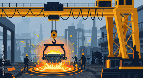 Illustration of a factory scene with a crane lifting molten metal, workers present.