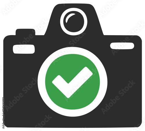 Camera illustration featuring a prominent green checkmark symbolizing approved content and successful image upload