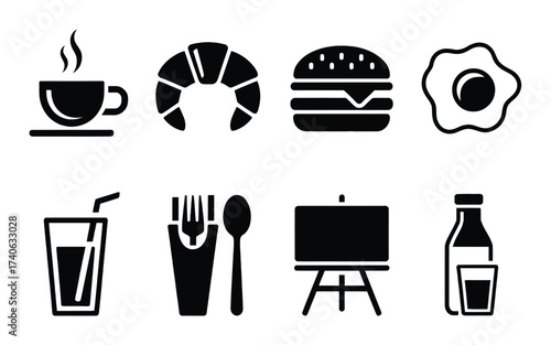 Collection of black and white icons representing food, drinks, and art supplies