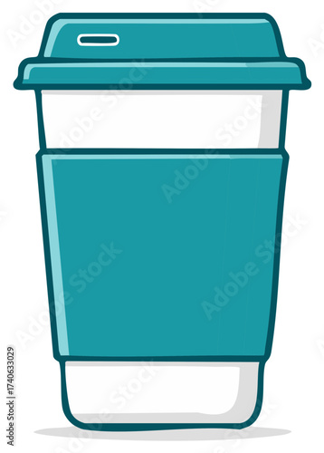 Cartoon style teal disposable coffee cup with lid and sleeve for hot beverages graphic illustration