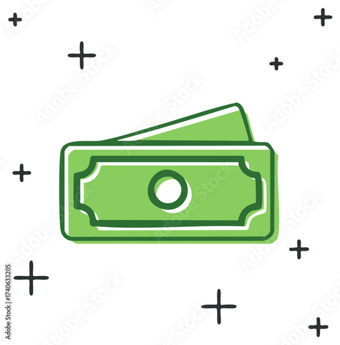 Money Cash Currency Green Banknotes with Plus Signs Icon on White Background