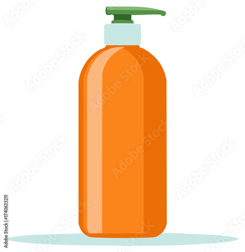 Orange liquid soap dispenser, cartoon style, with green pump and light blue base