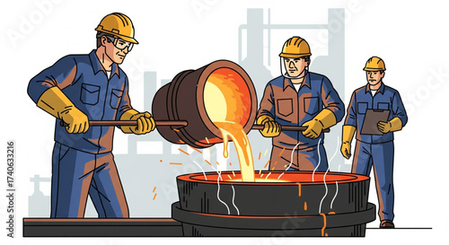 Three workers pouring molten metal from a ladle into a container in an industrial setting.