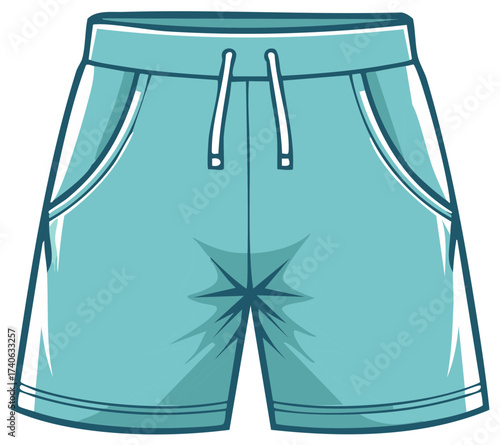Turquoise summer athletic shorts with drawstring and pockets in a cartoon style for sports or casual activities design element