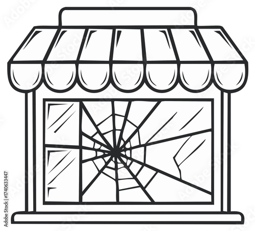 Storefront with broken glass window and awning