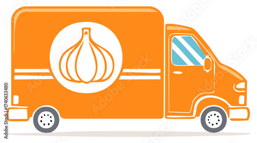 Orange Delivery Van with Garlic Logo Offering Fresh Food Services