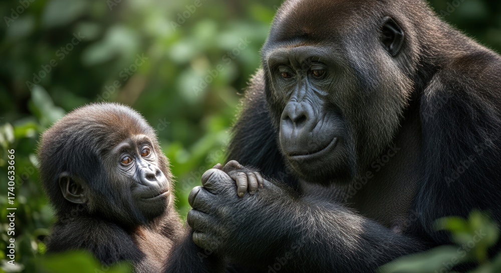 Obraz premium A gentle gorilla holds a younger gorilla's hands in a lush, green forest with warm, natural lighting.