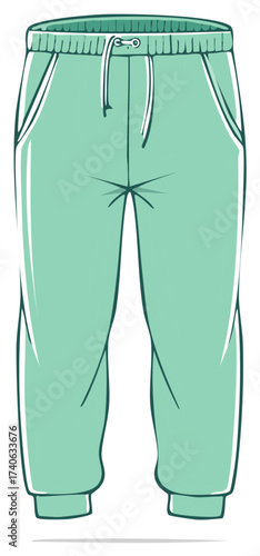 Teal colored sweatpants apparel illustration with pockets, drawstring, and stylish design, apparel concept