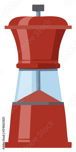 Red pepper mill with glass center and gray grinding mechanism for spices and cooking in the kitchen.