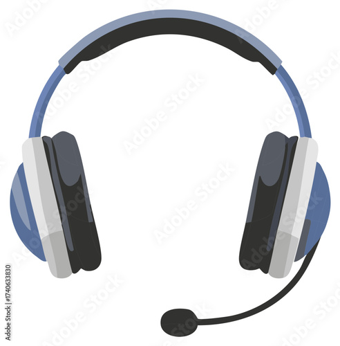 Modern blue over ear gaming headset with a microphone vector illustration for communication and sound