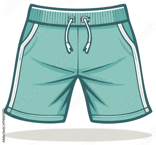 Teal athletic shorts with drawstring waist and side stripes vector illustration