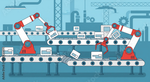 Robotic arms placing boxes on conveyor belts within an industrial factory setting.