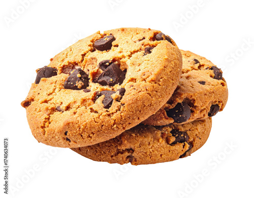 Two chocolate chip cookies stacked, close-up.  Golden brown, soft cookies with dark chocolate chunks visible.  Image is well-lit, isolated on black
