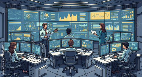 People working in a control room with multiple screens displaying data and charts, monitoring information.