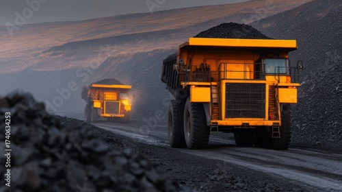 Heavy-duty trucks transporting coal through a mining site at dusk, showcasing rugged terrain and machinery
