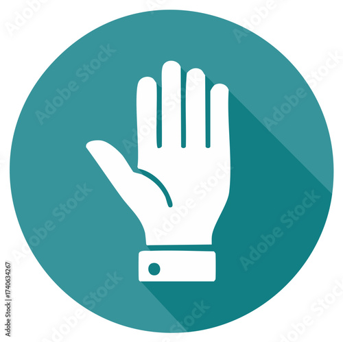 White hand icon with open palm and cuff in teal circle