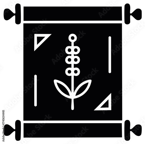 Ancient scroll icon with a botanical plant illustration and geometric symbols