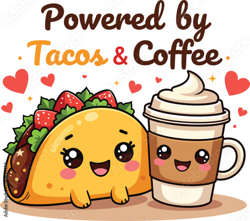 Cute illustration featuring a taco and coffee cup with a heart theme
