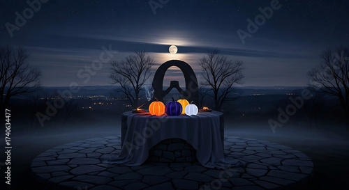A cinematic nightscape featuring a glowing altar beneath a star-dusted indigo sky, surrounded by misty trees and a luminous full moon, blending cosmic reverence with fine art atmosphere.