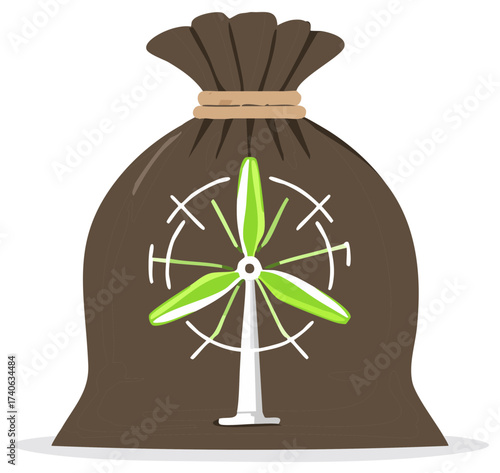 Brown sack with wind turbine icon and swirling lines inside