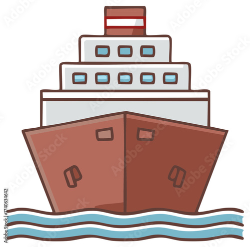 Front view of an Ocean Liner with the blue water below it. Big ship.
