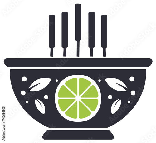 Stylized bowl with lime wedge and bamboo sticks illustration