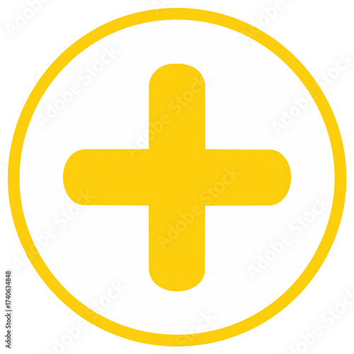 Yellow plus sign inside of yellow circle isolated on white background
